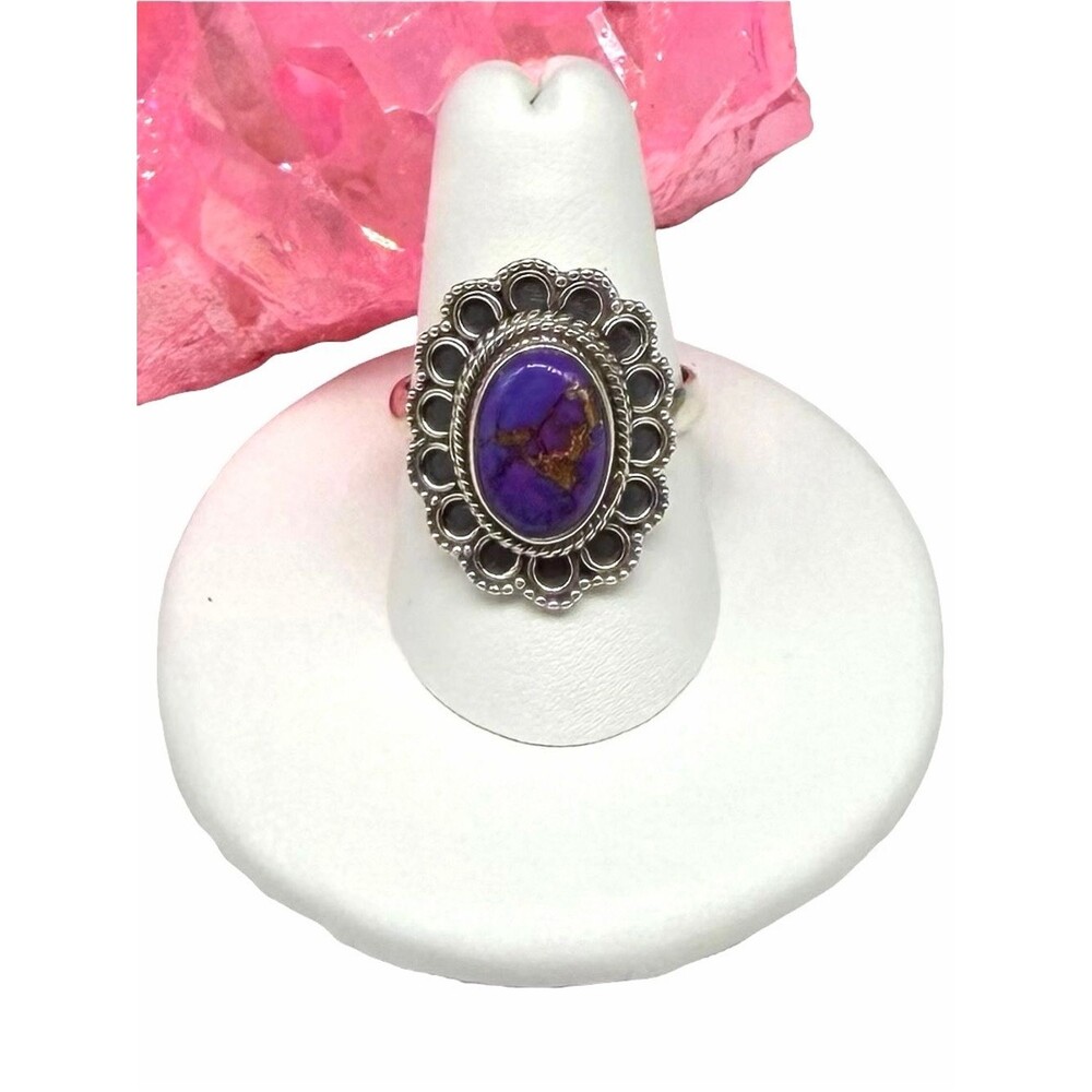 Kingman Purple Copper Turquoise Ring Size 8 Solid 925 Sterling Silver Flower